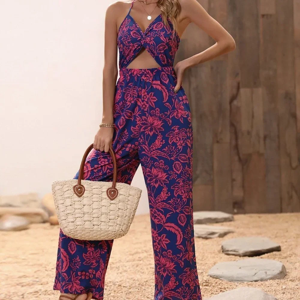Blue Boho Womens Floral Print Twist Front Cut Out Tie Backless Halter Jumpsuit - Picture 1 of 5